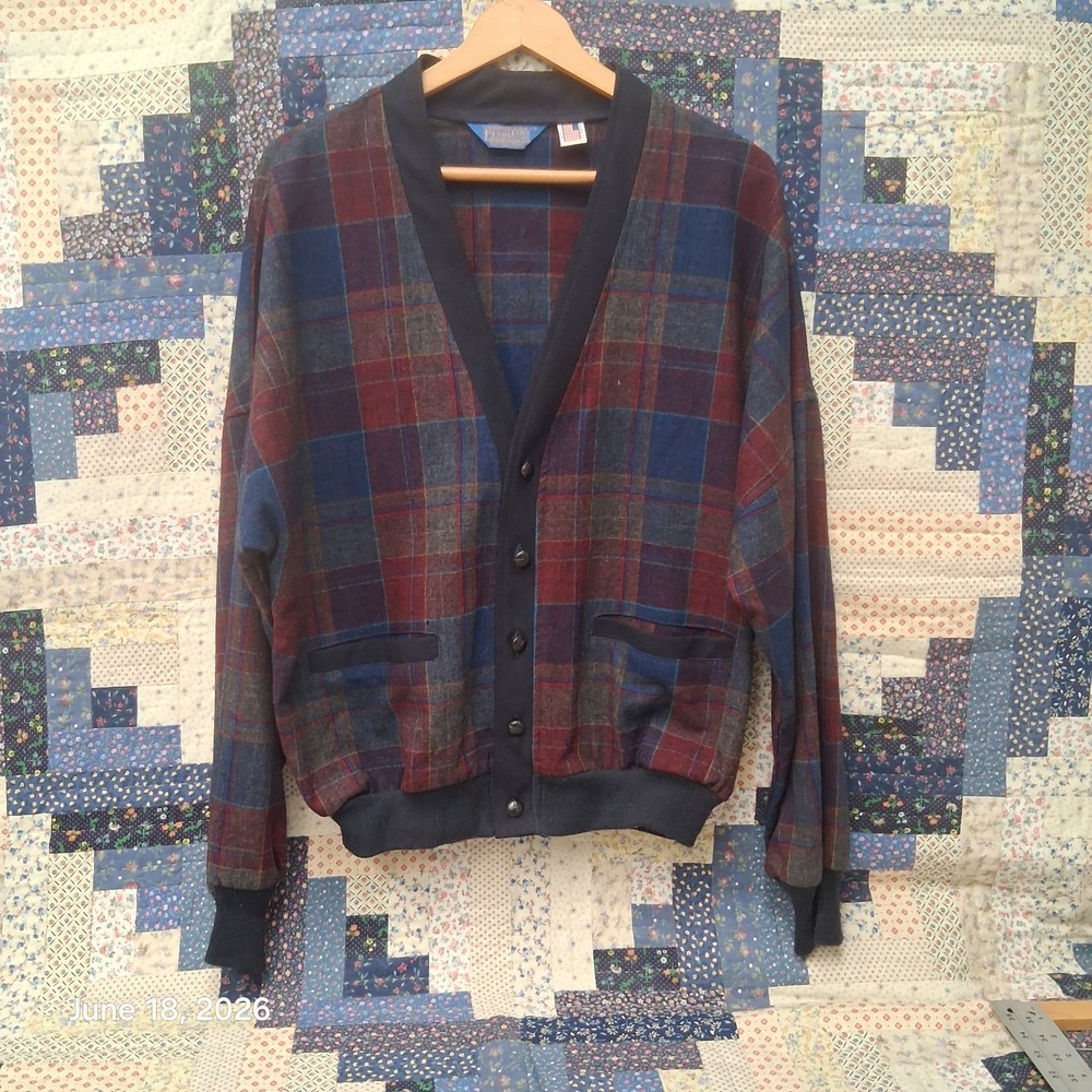 Vintage Pendleton Plaid Cardigan Sweater Mens Large Made in USA 100% Virgin Wool